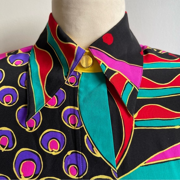 Vintage 90s Starington by Charlotte Silk Blouse Graphic Cuffs Size 4 - Picture 2 of 8